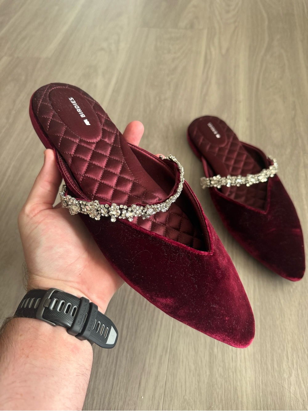 Birdies Burgundy Velvet Rhinestone Pointed Toe Mule Flats Women’s Size 12